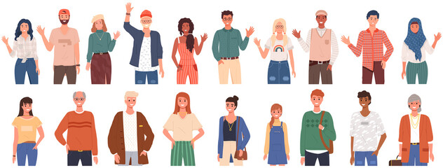 People greeting gesture. Different nations representatives waving hand saying hi. Men, women say hello. People waving hands and gesturing in friendly way. Characters wave their hand and say welcome hi © robu_s