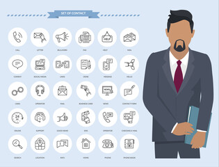 Fototapeta na wymiar Communication thin line icons. Businessman with set of contact and payment icons, connection methods illustration. Serious bearded man wearing business clothes and outline web elements templates