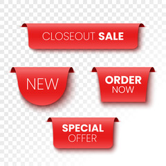 Closeout sale, order now, new and special offer banners. Red tags. Vector illustration.