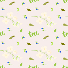 Seamless pattern with brush hand-drawn word - tea, jasmine branch and tea leaves. For prints, backgrounds, wrapping paper, textile, wallpaper, etc. 