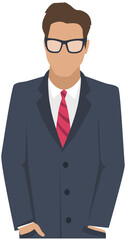 Confident businessman in glasses and office outfit vector flat illustration. Man in dark suit and tie isolated on white background. Serious business person male character, chief in half height icon