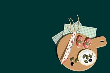Sandwich with mini tomatoes on a cutting board. Bruschetta illustration. Vector illustration.