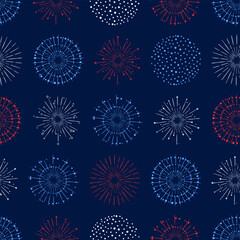 Fun hand drawn firework seamless pattern in red, blue white colors, party background, great for Independence day, fabrics, banners, wallpapers, wrapping - vector design