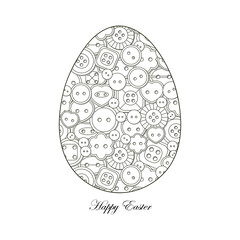 Coloring book for adult and older children . Easter Egg and Buttons for sewing. The concept of needlework and clothing production.