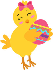 Yellow chick holding Easter egg