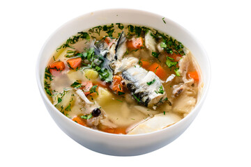 Hot tasty healthy soup with fish and vegetables served on a round plate