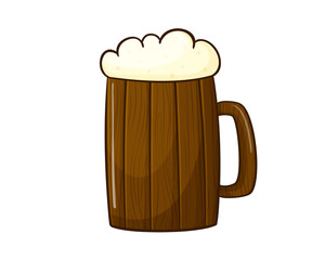 Vector illustration of beer in a wooden mug. Isolated on a white background. Illustration in cartoon style
