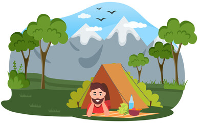 Fototapeta na wymiar Happy tourist or backpacker lying in tent. Camping in forest, adventure tourism, backpacking, bushcraft. Scout comes for picnic, on nature hike. Male character with food and drink in tent in forest