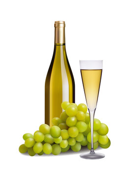 Bottle and glass of white wine with a bunch of grapes. 3d illustration