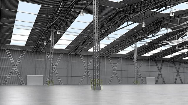 Empty warehouse with roof windows and several pillars - 3D 4k animation (3840x2160 px).