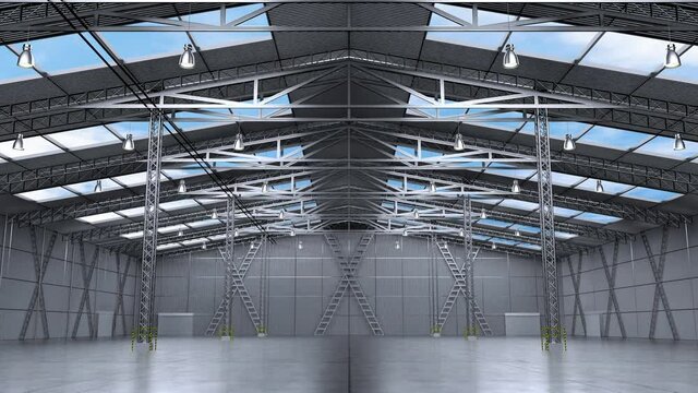 Empty warehouse with roof windows and several pillars - 3D 4k animation (3840x2160 px).