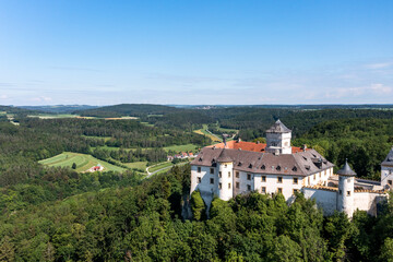 Fototapeta na wymiar Aerial view, Greifenstein Castle, Franconian Switzerland, Upper Franconia, Bavaria, Germany,