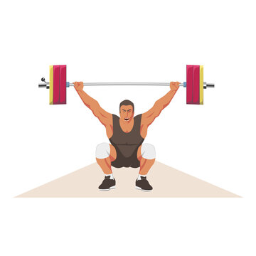 An Athlete In A Semi-squat Position Holds The Bar With Both Hands. A Weightlifter With A Formidable Expression Holds A Barbell Above His Head. Weightlifting Competition Scene. Vector Flat Design.