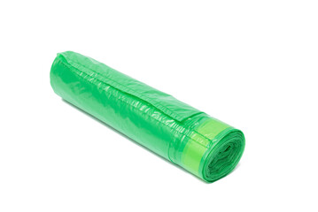 green plastic trash bags with strings isolated on white background