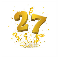 Poster template for Celebrating 27 anniversary event party. Gold 3d numbers with glitter gold confetti, serpentine. Festive background for celebration event, wedding, greeting card. New Year 27