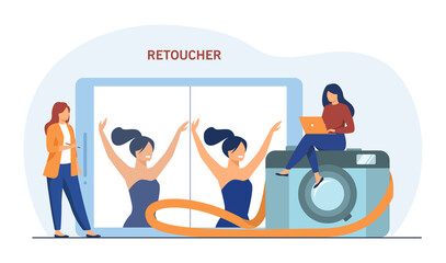 Female retoucher editing pictures on laptop. Cartoon professional photographer sitting on camera flat vector illustration. Editing, photography concept for banner, website design or landing web page