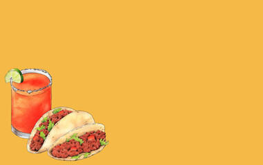 Ilustración de 2 tacos mexicanos con carne, tomate y lechuga. Cóctel típico de Mexico llamado 'Michelada'. Fondo amarillo ámbar