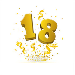 Fototapeta premium Anniversary 18. Poster template for Celebrating 18 anniversary event party. Gold 3d numbers with glitter gold confetti, serpentine. Festive background for celebration event, wedding, greeting card