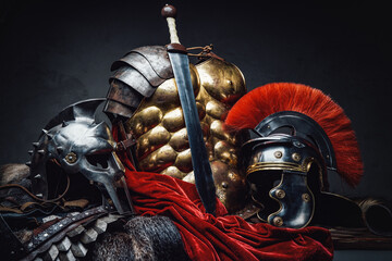 Ancient rome warrior and gladiator armor and sword - obrazy, fototapety, plakaty