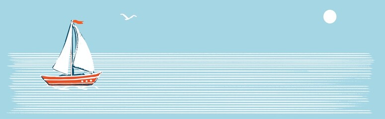Horizontal banner. Illustration in a marine retro minimalist style. A white sailboat on white stripes of water with a blue background.
