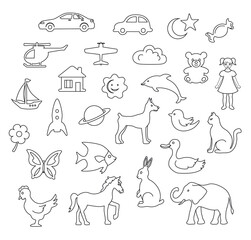 childrens toys and objects line doodle set