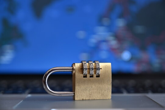 Padlock with blur computer screen. Internet security, concept photo. Security protocol 443.