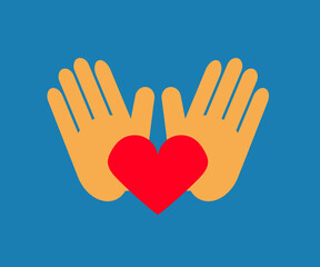 Hands of different people are raised up on a blue background. Vector illustration.
