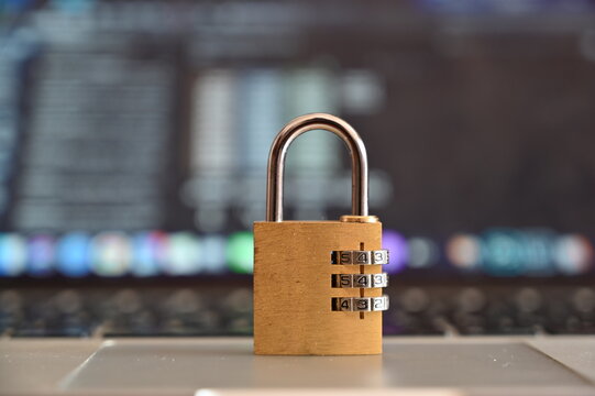 Padlock with blur computer screen. Internet security, concept photo. Security protocol 443.