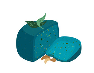 Gourmet Holland cheese with Lavender Pesto.Blue Gouda Hard pressed cheese.Piece of delicious Dutch chees with Basil and Nuts.Colored vector illustration of delicatessen food isolated ,white background