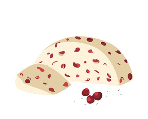 Gourmet English cheese wheel of cranberry Wensleydale with berries. Piece of delicious British chees.Hard pressed cheese. Colored vector illustration of delicatessen food isolated on white background