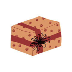 Cute dotted gift box with bow and ribbons. Boho colors vector isolated illustration.