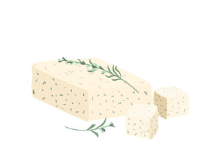 Greek soft curd cheese with herbs,sprigs of greenery.Piece and cubes of Feta chees.Crumbly dairy product.Green cheese.Colored flat vector illustration of delicatessen food isolated on white background