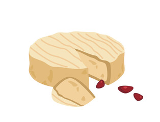 Gourmet soft cheese Brie with gray rind of mold. Cut triangle piece of delicious moldy creamy chees. Colored flat vector illustration of French delicatessen food isolated on white background.