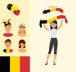 Belgian fans characters - patriot people with football accessories of Belgium