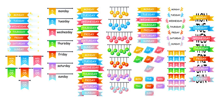 Set Of Bullet Journal Headers For Week Days Or Mounth. Bright Stickers For Bullet Journal Decoration Planner.