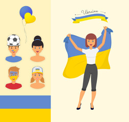 Ukrainian fans - people with sportive football accessories and flag of Ukraine