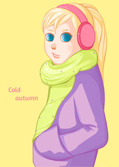 Cold autumn. Fall, leaf fall. Blond girl in pink headphones.