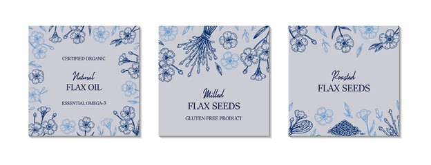 Set of hand drawn flax frames. Vector illustration in sketch style for linen seeds and oil packaging
