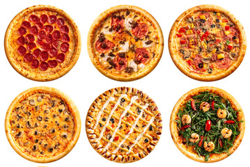 Fototapeta na wymiar Isolated assorted variety of pizzas collage menu design on the white background
