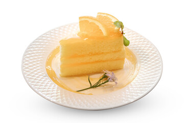 Orange cake serve on white plate with orange sauce isolated on white background with clipping path