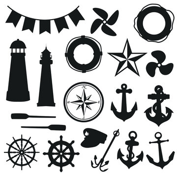 Nautical Illustration Clip Art Design Scene. Collection Silhouettes Icon Marine