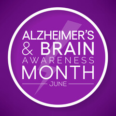Alzheimer's and Brain awareness month is observed every year in June. it is an irreversible, progressive brain disorder that slowly destroys memory and thinking skills. Vector illustration.