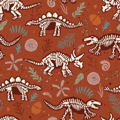 Paleontology Dinosaur Skeleton with Other Fossils Vector Seamless Pattern