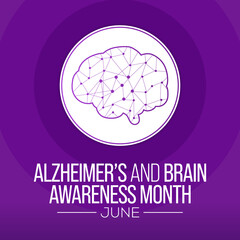 Alzheimer's and Brain awareness month is observed every year in June. it is an irreversible, progressive brain disorder that slowly destroys memory and thinking skills. Vector illustration.