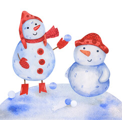 Watercolor cute snowman playing with snowballs during winter. Hand drawn cartoon card illustration clip art for design.