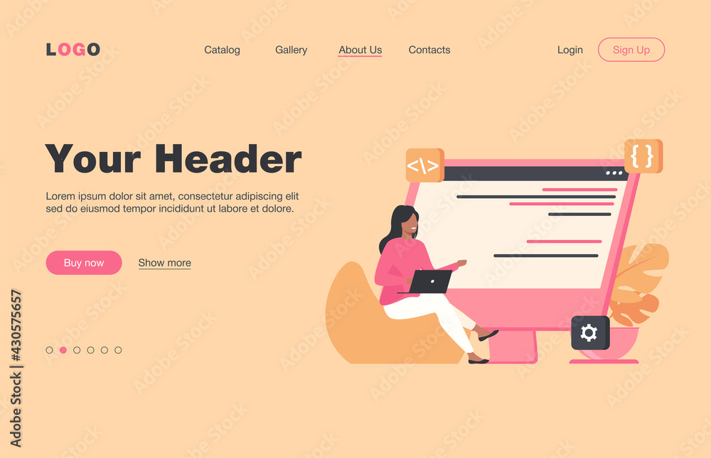 Poster young tiny girl sitting and coding via laptop. computer, programmer, code flat vector illustration. 