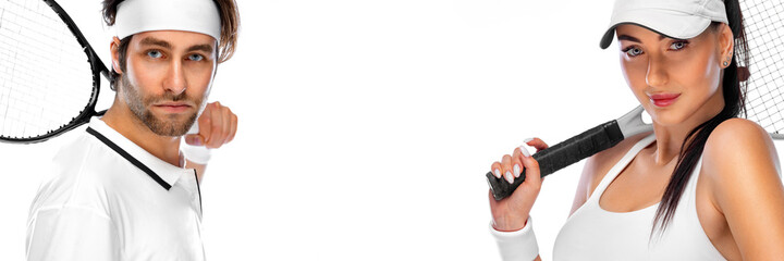 Tennis mixed doubles match. Couple of two tennis players with racket in white costume. Man and woman athlete playing isolated on light background.