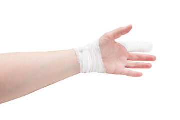 White-skinned hand with bandaged index finger and wrist, palmar side, isolated on white background.