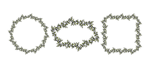 Set with doodle frames, wreaths of branches with leaves. Round, square and oval frames with twigs. Vector framework with branches. Blank templates for invitation cards, greeting.