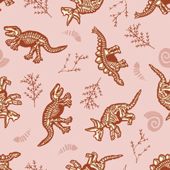 Obraz na płótnie Canvas Dinosaurs Bones with other Plant Fossils Science Vector Seamless Pattern